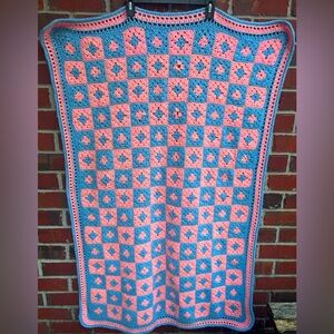 Large Crocheted Blanket Baby Blue and Pink Appx 4 Feet Long x 32 Inches Wide B1